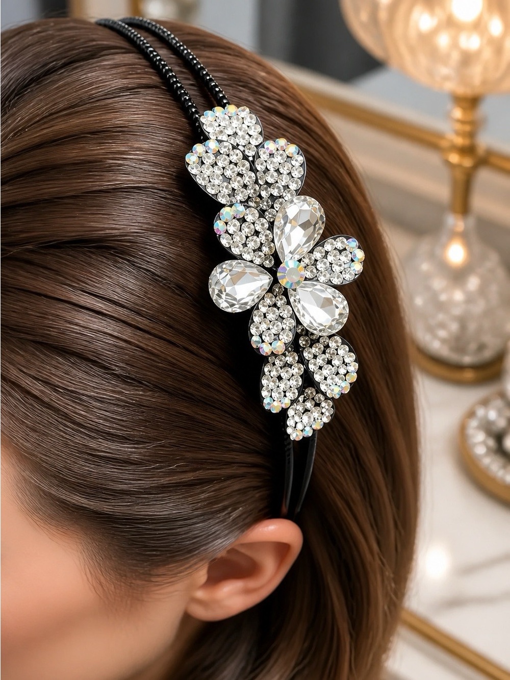 Clear Crystals Floral Black Headband - Sparkling Women's Hair Accessory - Picture 1 of 3